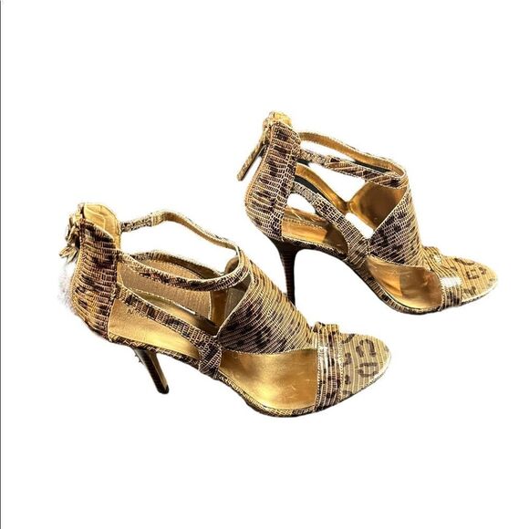 NWOT Nine West Shiny Embossed Leopard Leather Open Toe Stiletto Size 9 - Picture 3 of 11